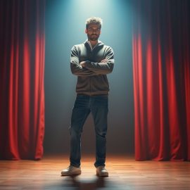 A man crossing his arms and standing in the middle of a stage with a spotlight on him illustrates a sense of self-importance