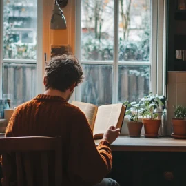 A man reading a book in the kitchen