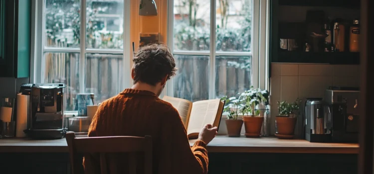 A man reading a book in the kitchen