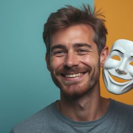 A smiling man taking a mask off of his face to reveal his true self illustrates how to unmask autism