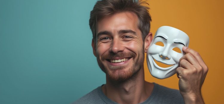 A smiling man taking a mask off of his face to reveal his true self illustrates how to unmask autism