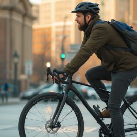 A man riding a bike to work illustrates that the first step to financial freedom is to spend less and save more