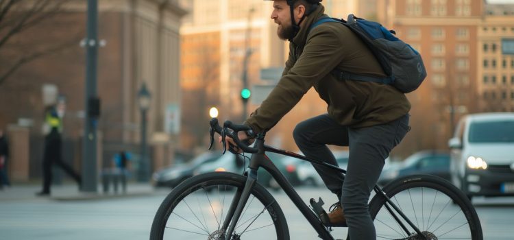 A man riding a bike to work illustrates that the first step to financial freedom is to spend less and save more