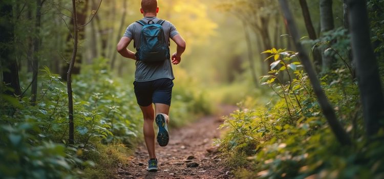 A man wearing shorts, shirt, and a backpack running on a trail in the woods illustrates ways to alleviate stress and anxiety