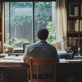 A man sitting at a writing desk in front of a window trying to identify the point of his story