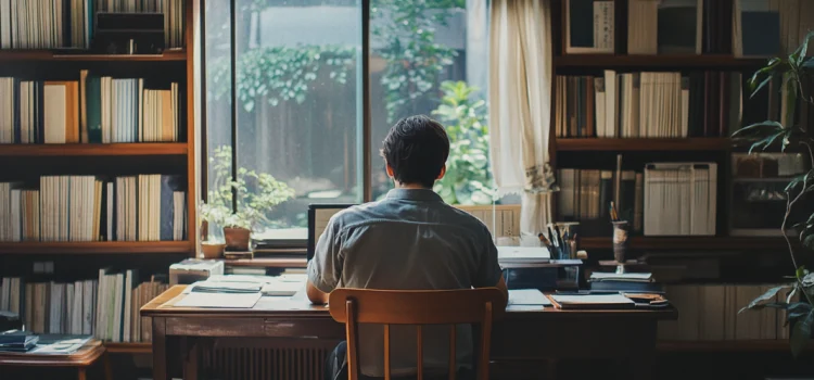 A man sitting at a writing desk in front of a window trying to identify the point of his story