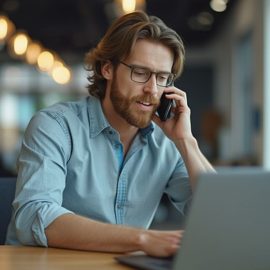 A man with a beard and glasses at work talking on the phone and working at a laptop illustrates how to increase your earnings