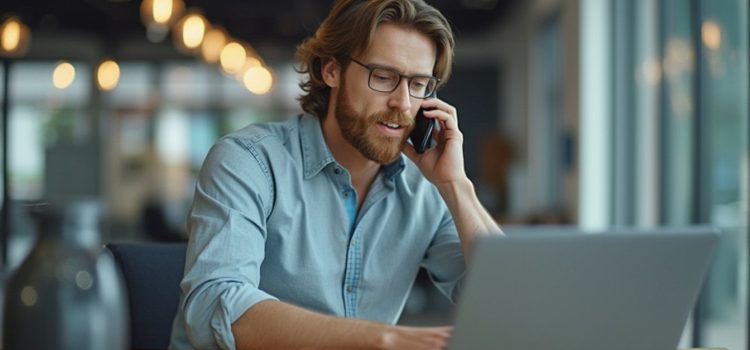 A man with a beard and glasses at work talking on the phone and working at a laptop illustrates how to increase your earnings