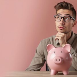 A man looking thoughtfully upward with a piggy bank on a table in front of him illustrates your relationship with money