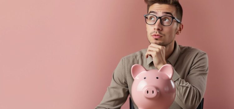 A man looking thoughtfully upward with a piggy bank on a table in front of him illustrates your relationship with money