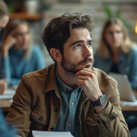 A man thinking deeply while people around him are chatting is contemplating the question, "How good are you?"