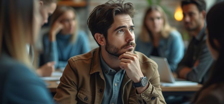 A man thinking deeply while people around him are chatting is contemplating the question, "How good are you?"