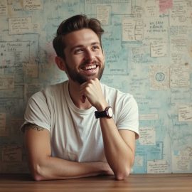 A bearded man with a white T-shirt and arm tattoo smiling and sitting at a table illustrates positive thinking for anxiety