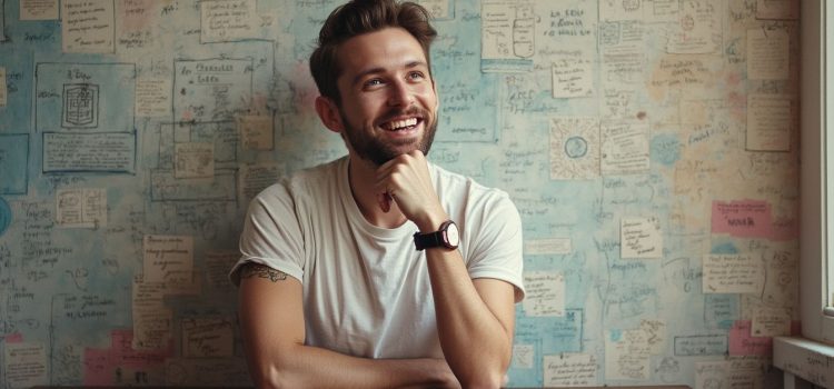 A bearded man with a white T-shirt and arm tattoo smiling and sitting at a table illustrates positive thinking for anxiety