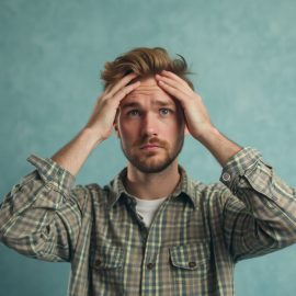 A man trying to remember something (with a questioning look on his face) illustrates the concept of reconstructive memory