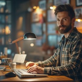 An entrepreneur with a beard and green plaid shirt working at a computer illustrates how to start an innovative business