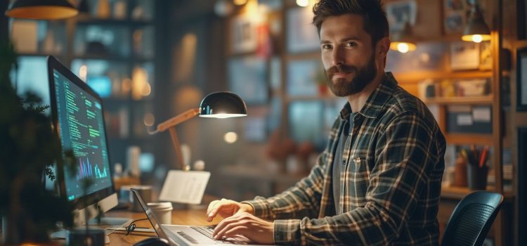 An entrepreneur with a beard and green plaid shirt working at a computer illustrates how to start an innovative business