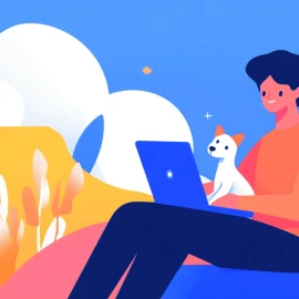 A cartoon image of a man using a laptop while a dog sits on his lap, displaying pet benefits at work