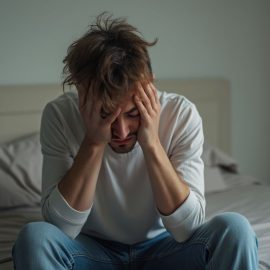 A man sitting on a bed with his head in his hands illustrates how trauma works