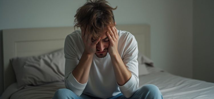 A man sitting on a bed with his head in his hands illustrates how trauma works