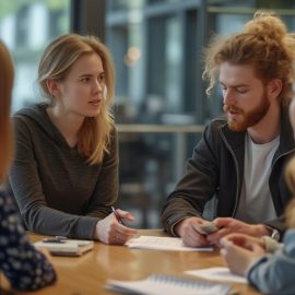 A manager talking to her workers while sitting around a table in an open workspace illustrates how to guide a team