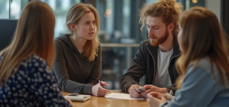 A manager talking to her workers while sitting around a table in an open workspace illustrates how to guide a team