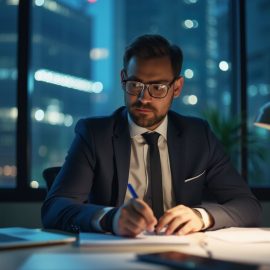 A manager working late in an office with a cityscape through the window behind him illustrates sacrifice in leadership