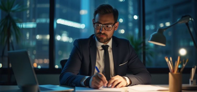 A manager working late in an office with a cityscape through the window behind him illustrates sacrifice in leadership