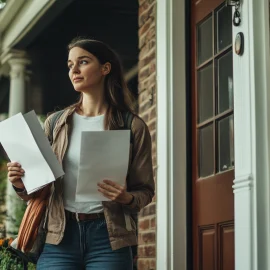 A woman who's learning how to be successful in network marketing by going to a front door with pamphlets