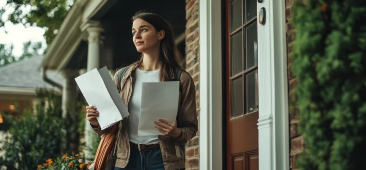 A woman who's learning how to be successful in network marketing by going to a front door with pamphlets