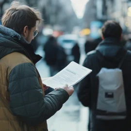 A man still learning how to handle rejection in network marketing, looking at a pamphlet on the street