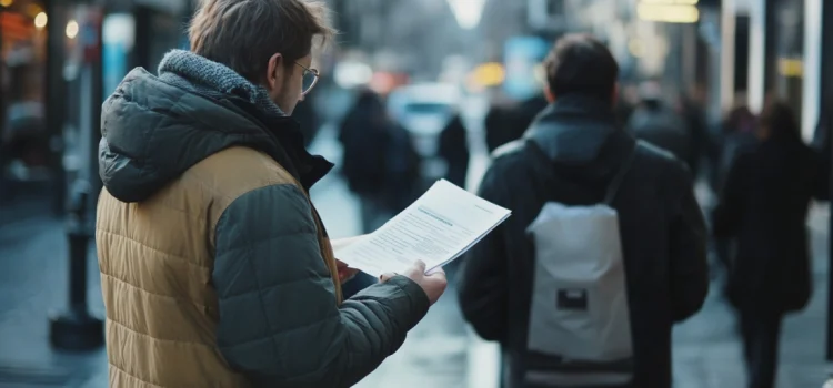 A man still learning how to handle rejection in network marketing, looking at a pamphlet on the street