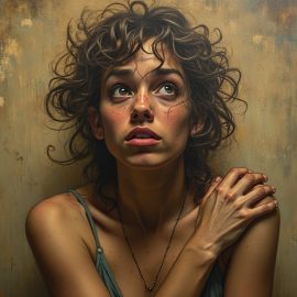 A painting of a young woman with curly brown hair who is afraid illustrates common symptoms of trauma