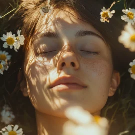 A woman laying in flowers, practicing spiritual self-care