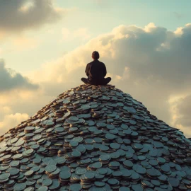 A man in a suit sitting on top of a mountain of coins, representing the issue of over-saving money