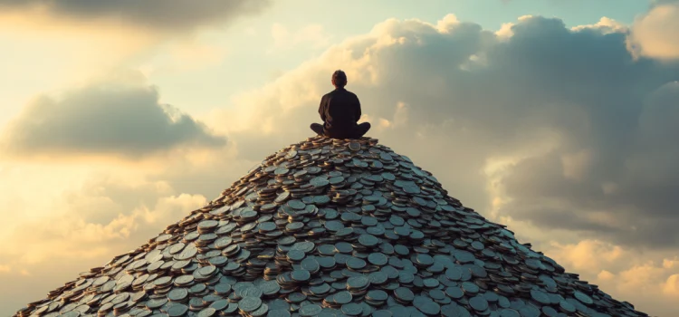 A man in a suit sitting on top of a mountain of coins, representing the issue of over-saving money