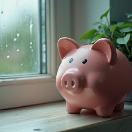 A piggy bank sitting on a window sill while it's raining outside illustrates how to manage savings