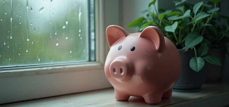 A piggy bank sitting on a window sill while it's raining outside illustrates how to manage savings