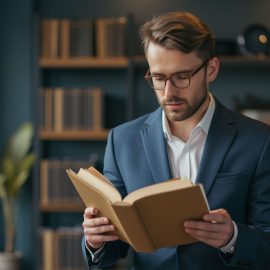 A man with wavy brown hair, a beard, and a suit jacket reading a book in an office with bookcases in the background