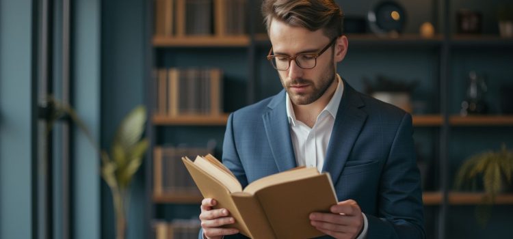 A man with wavy brown hair, a beard, and a suit jacket reading a book in an office with bookcases in the background