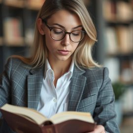 A professional woman in glasses and checked blazer reading a book with bookshelves in the background