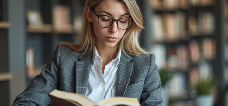 A professional woman in glasses and checked blazer reading a book with bookshelves in the background