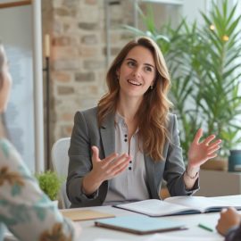 A professional woman talking to two women at work illustrates management principles