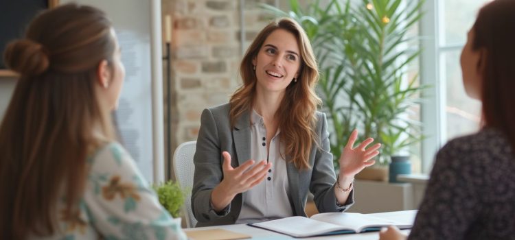 A professional woman talking to two women at work illustrates management principles