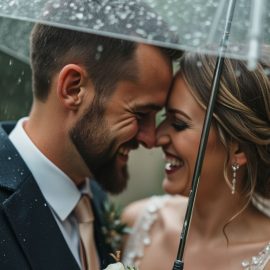 A happy bride and groom in the rain illustrates our tendency to believe in fate