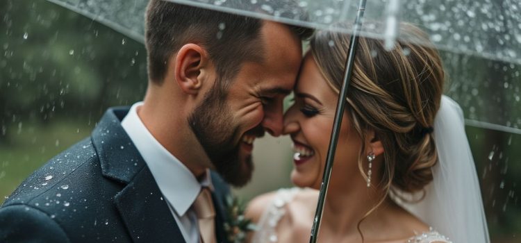 A happy bride and groom in the rain illustrates our tendency to believe in fate