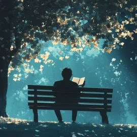 A man reading a book on a park bench in nature