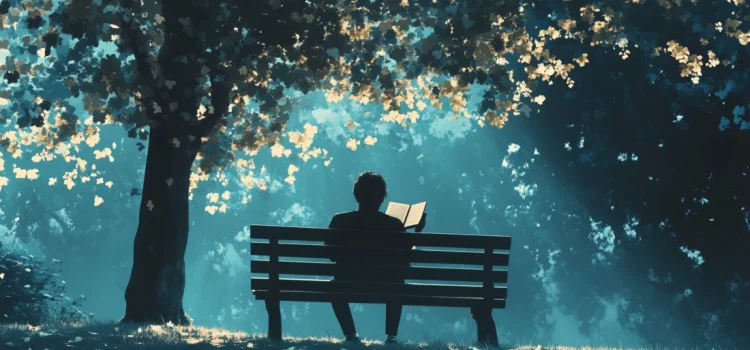 A man reading a book on a park bench in nature