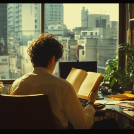 A man reading a book in an office