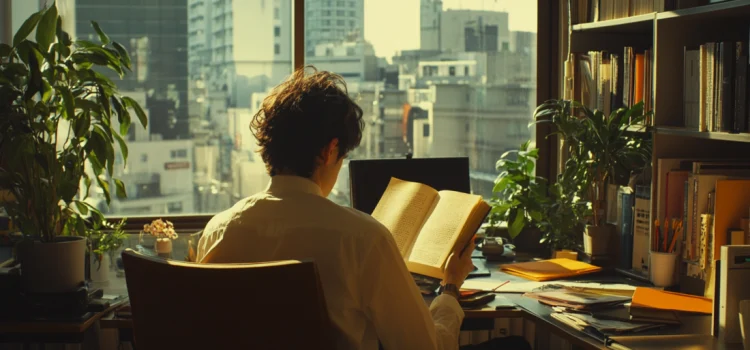 A man reading a book in an office